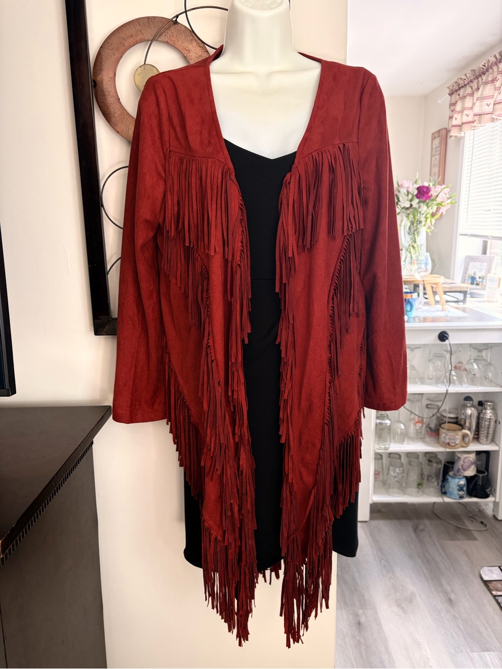 Angie Rust Red Fringe Open-Front Faux Suede Jacket NWT, $69